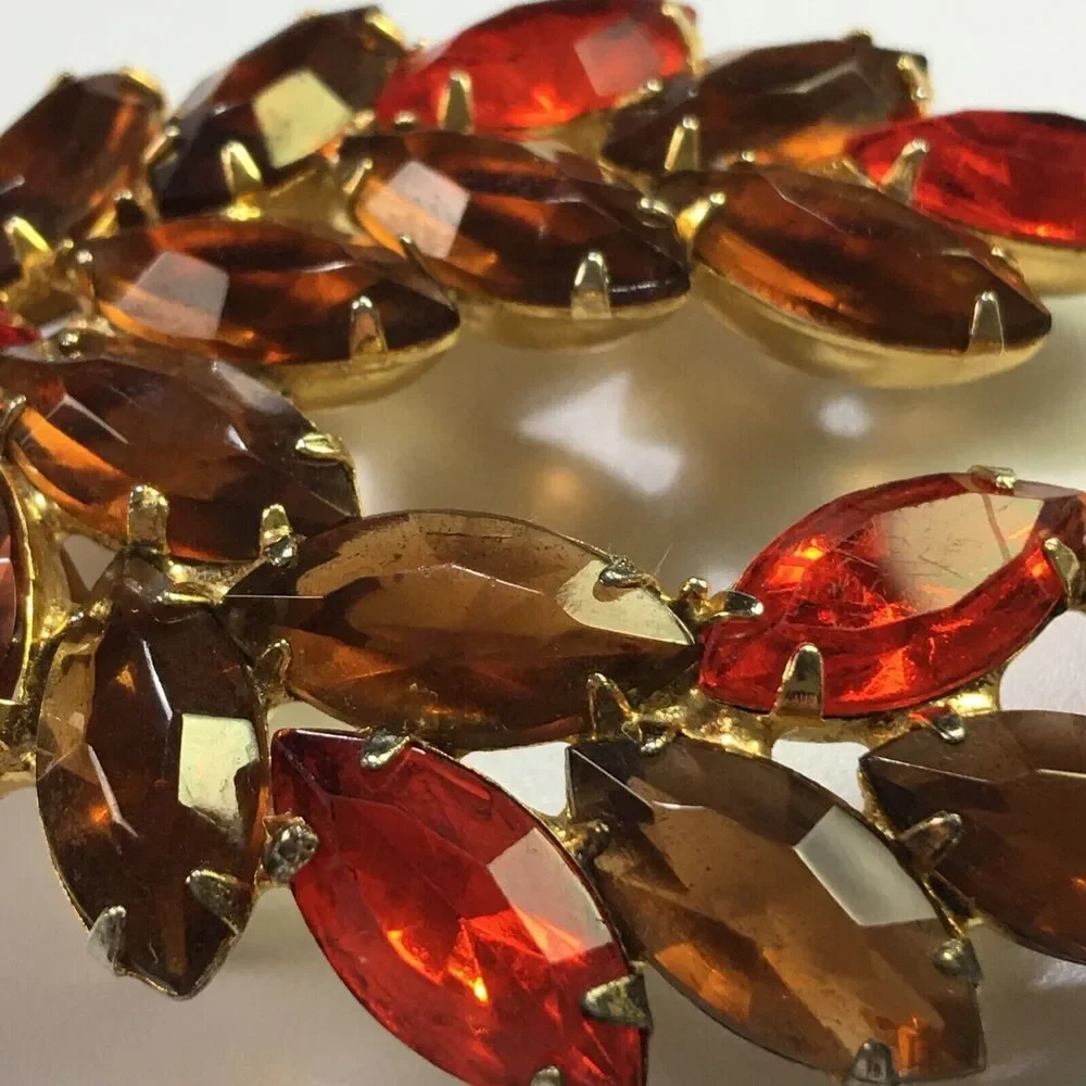 Vintage Glass Rhinestone Brooch Brown Topaz Color & Orange Navettes